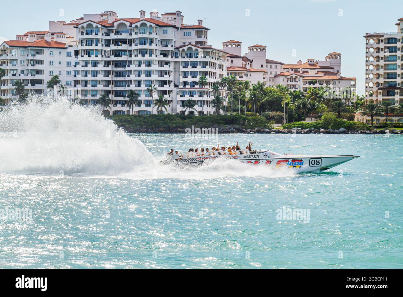 Miami Beach Florida,Government Cut Biscayne Bay water,Fisher Island condominium residential buildings cigarette speed boat, Stock Photo