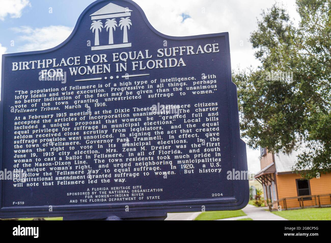Florida Fellsmere,Heritage Site roadside historic marker sign,Birthplace for Equal Suffrage for Women,suffragist movement women's rights voting Stock Photo