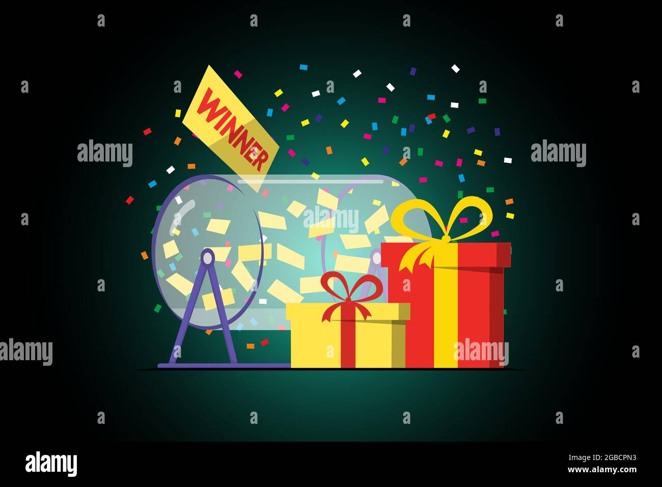 Prize raffle rotating drum with lottery tickets and lucky winner gift boxes on dark background. Online random draw promotional design concept. Gambling vector eps illustration Stock Vector