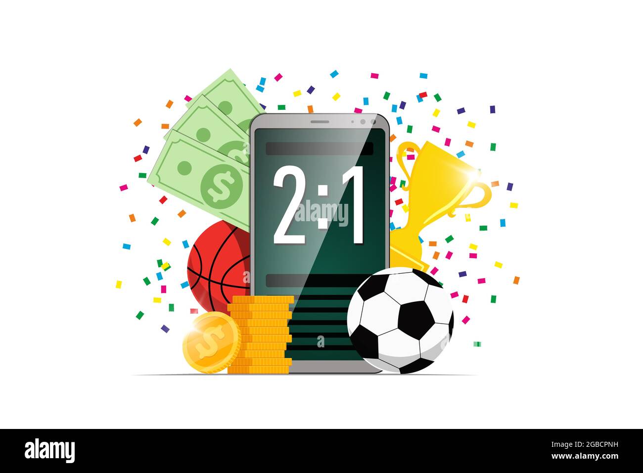 Online sports betting mobile app banner design template. Smartphone with  scoreboard on screen and soccer basketball balls and trophy award cup and  winner dollar coins. Bookmaker promo advertising. EPS Stock Vector Image