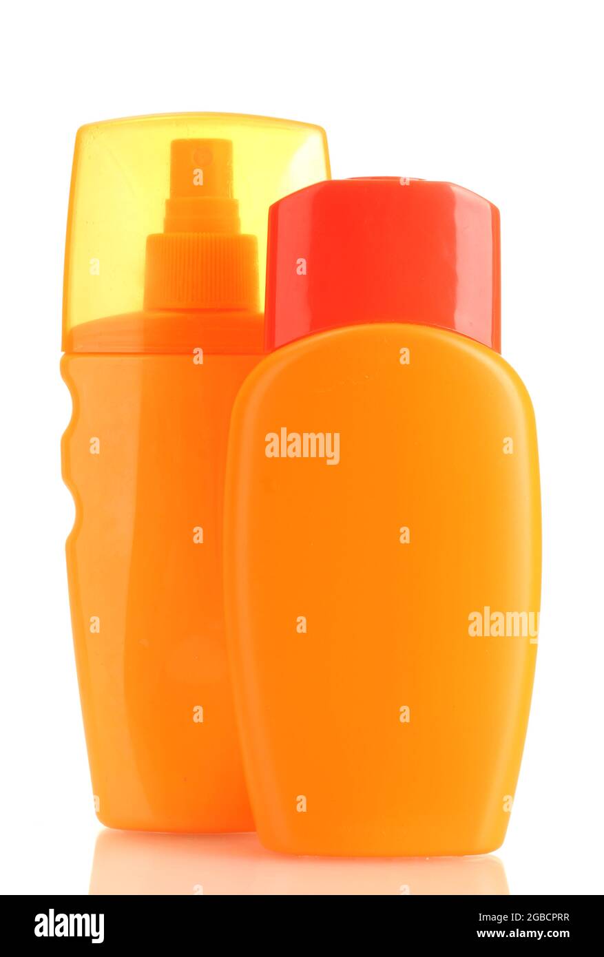 Bottles with suntan cream isolated on white Stock Photo Alamy