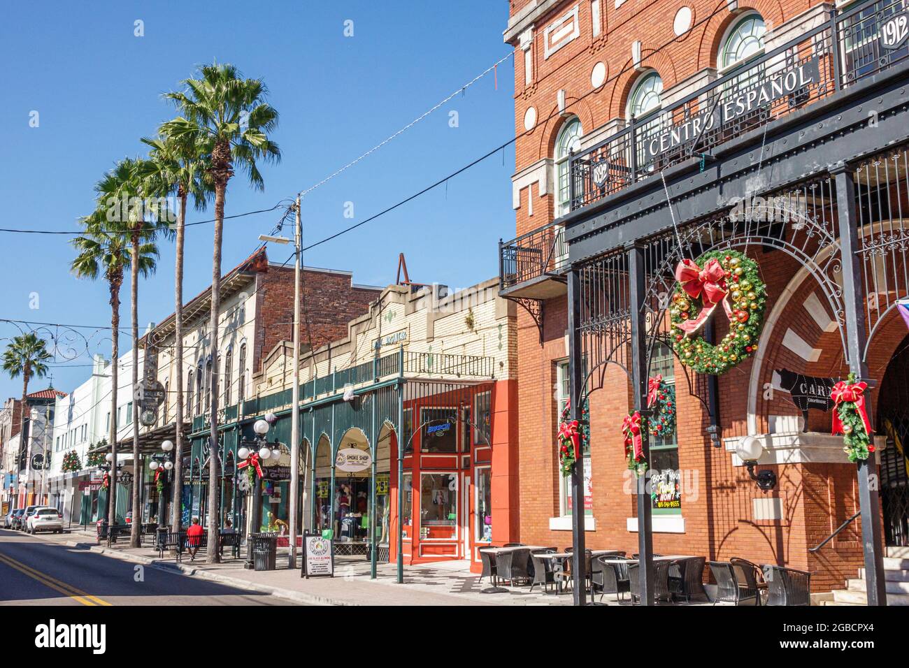 Florida Tampa Ybor City,historic neighborhood 7th Avenue street scene businesses stores,shopping district buildings, Stock Photo