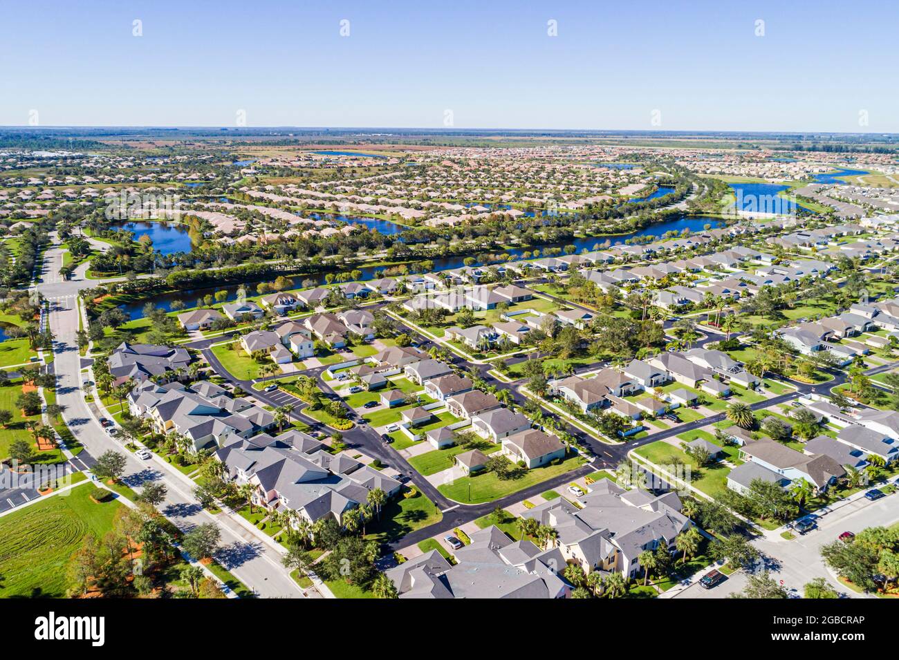Florida Port St. Saint Lucie,Tradition planned community,aerial overhead view residences houses homes park, Stock Photo