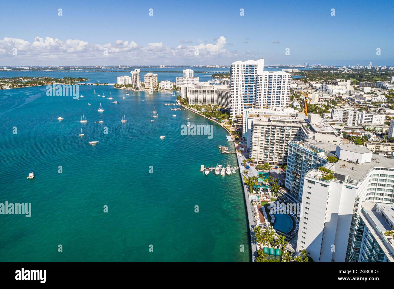 Miami Beach Florida,Biscayne Bay water,aerial overhead view,high rise towers condominium residential buildings waterfront,Mondrian South Beach hotels Stock Photo