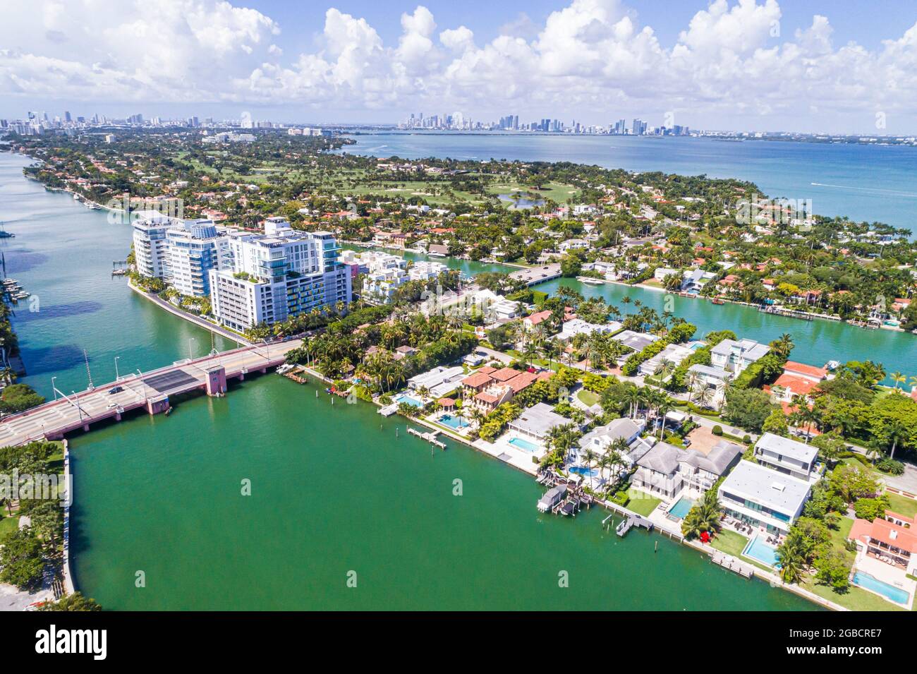 Miami Beach Florida,La Gorce Island Allison Island,Biscayne Bay waterfront homes residences,Indian Creek water 63rd Street,city skyline aerial overhea Stock Photo