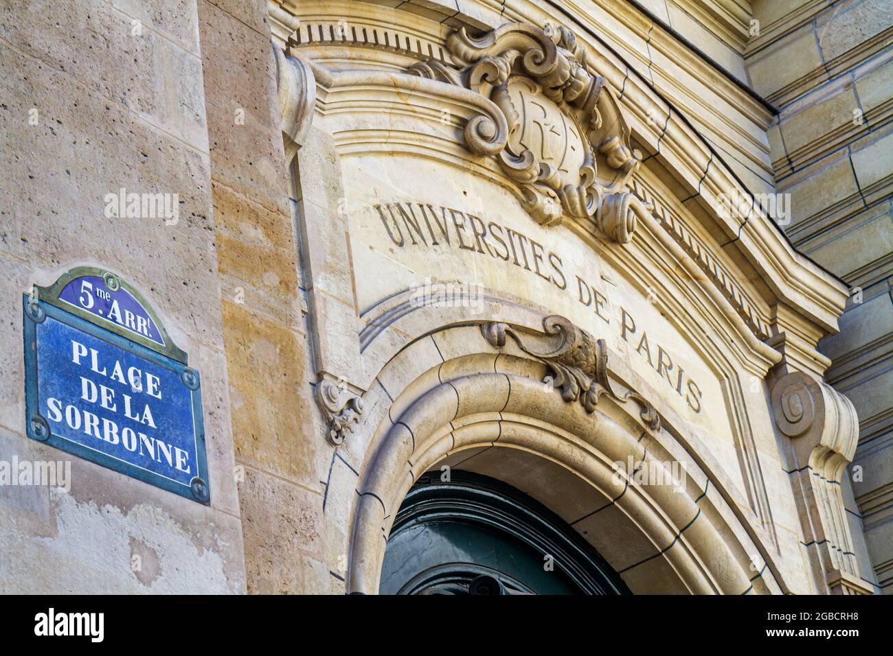 Paris France,5th arrondissement Latin Quarter Rive Gauche Left Bank,Place de la Sorbonne La Sorbonne Paris University front entrance school, Stock Photo