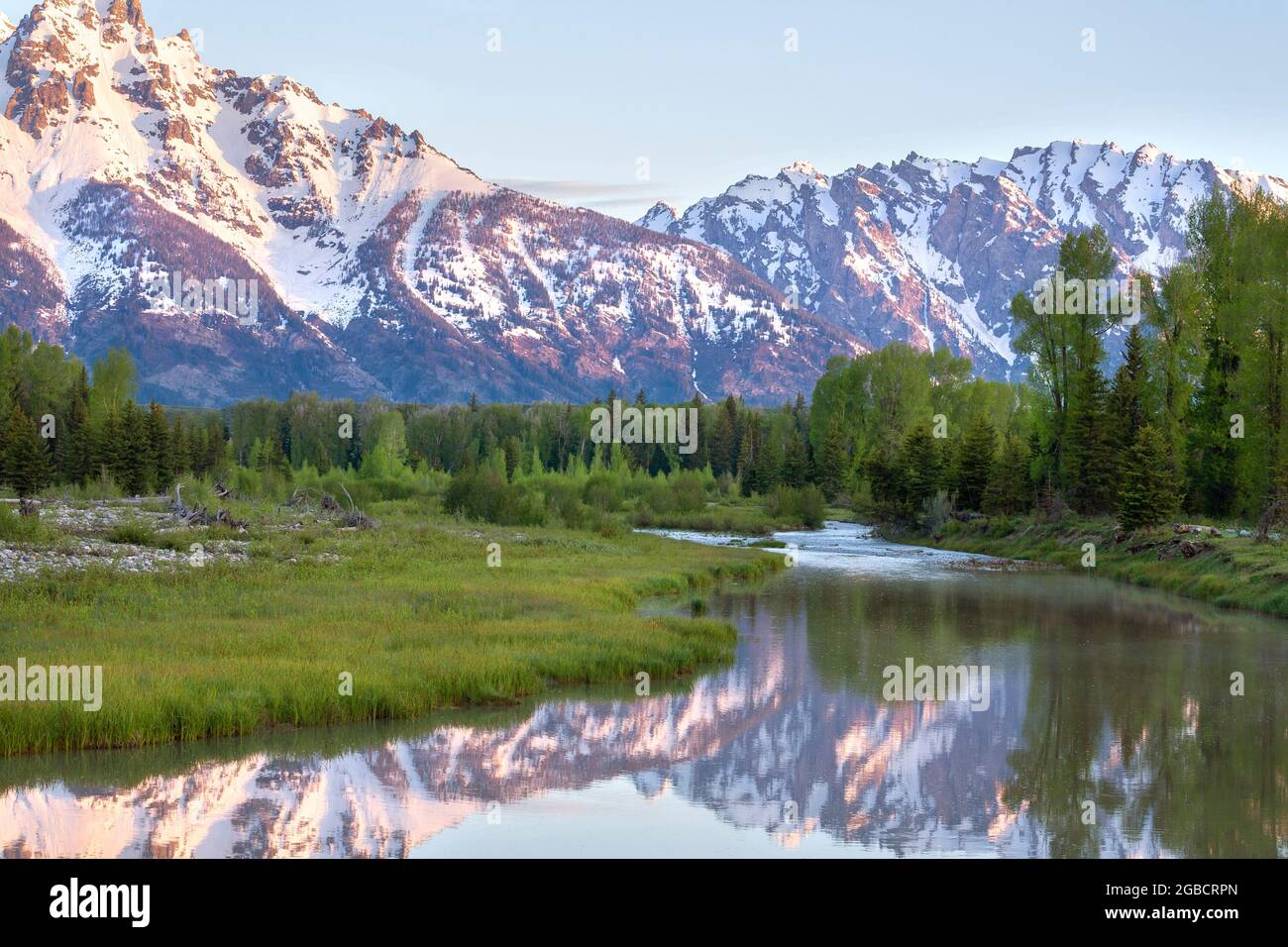 Grand Teton mountains above grassy valley and Snake River in early morning light Stock Photo