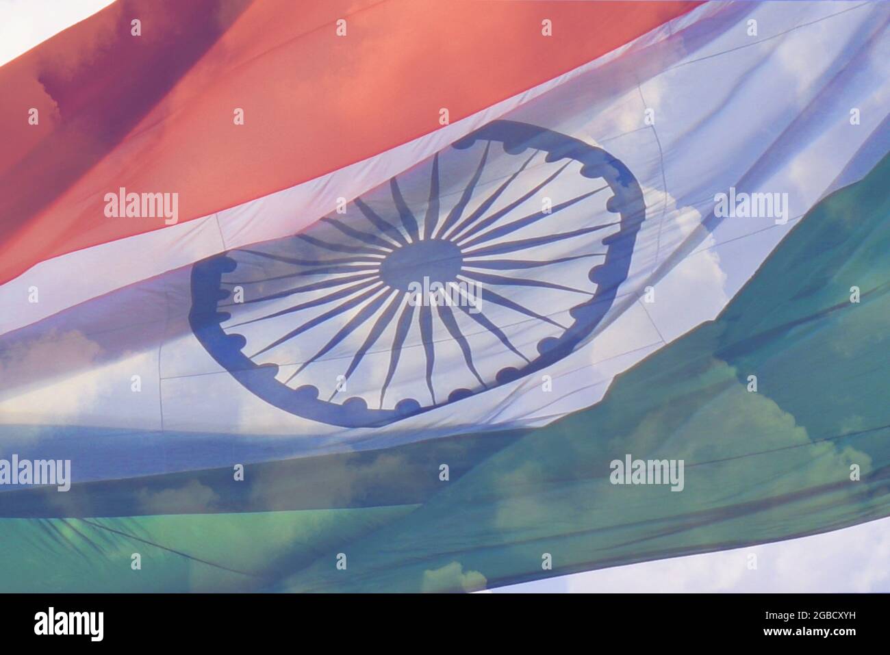 indian tiranga flag, close up in the blue sky Stock Photo