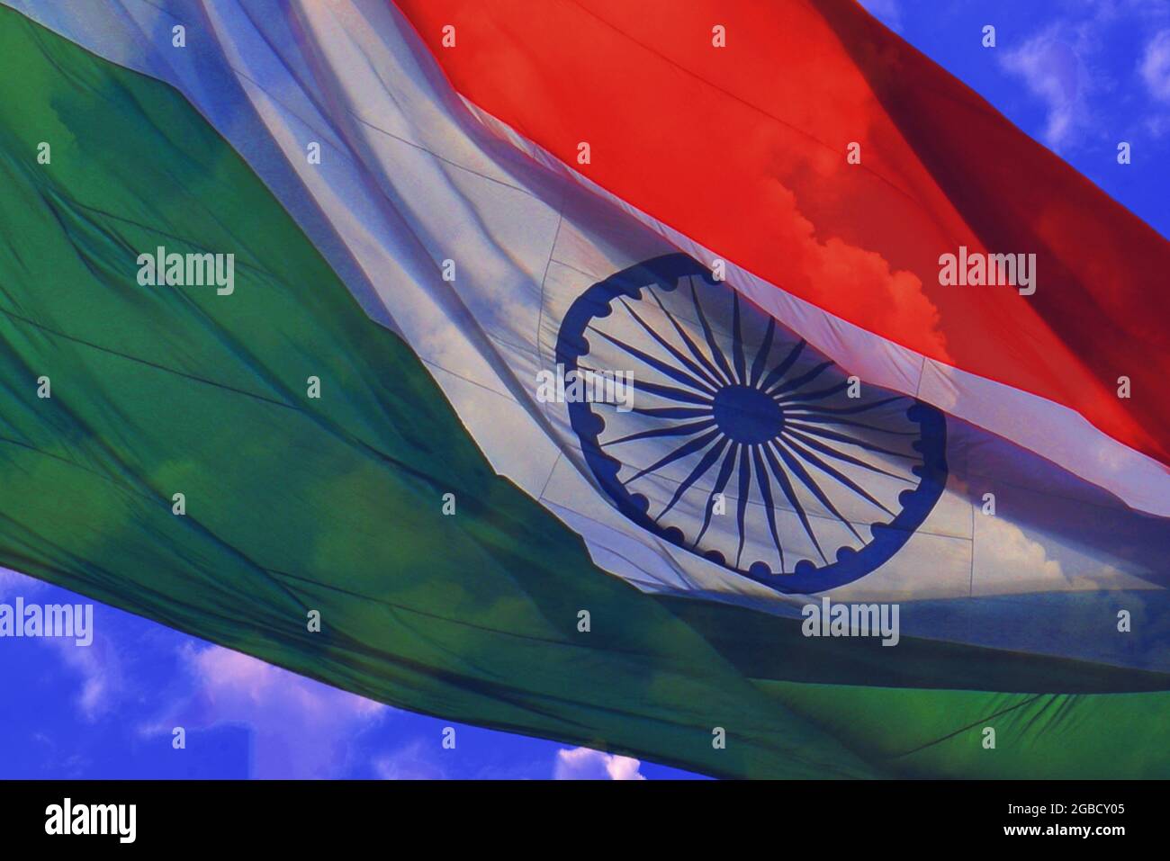 close up of tiranga , indian flag in blue sky, india Stock Photo