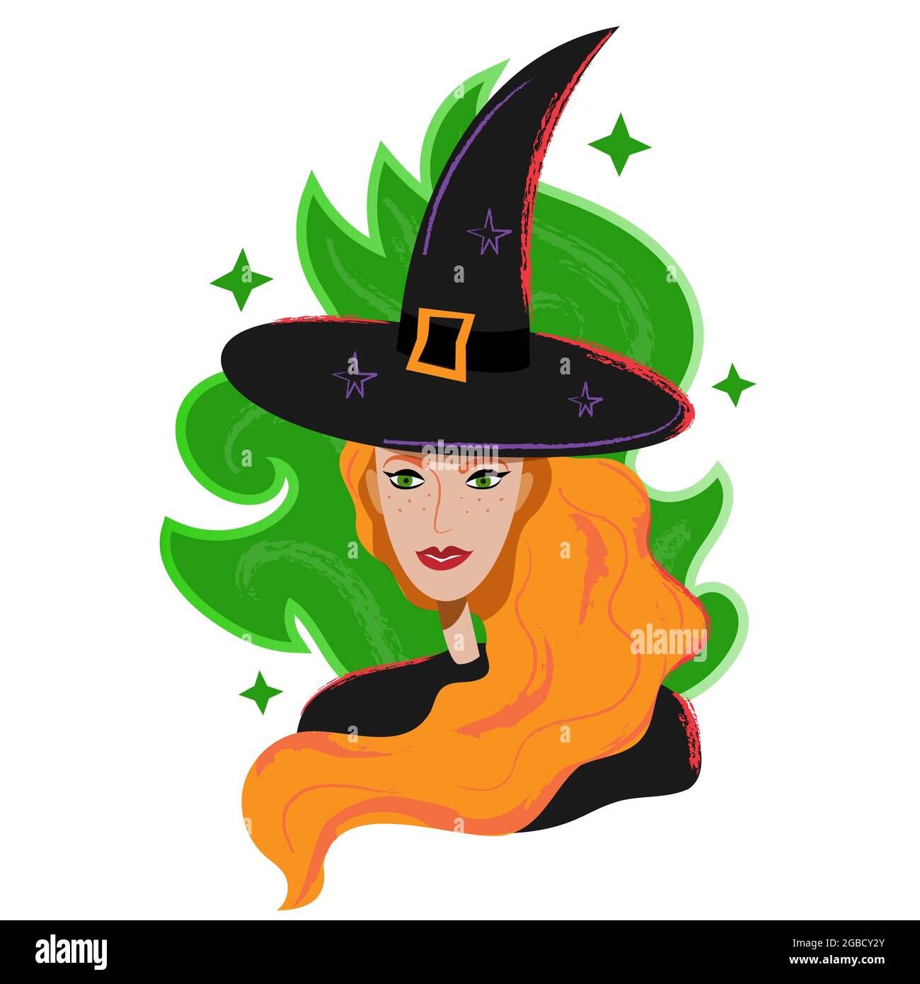 Witch portrait in black hat and red hair. Halloween red witch avatar in cartoon flat style. Magican red-haired character portrait isolated on white Stock Vector