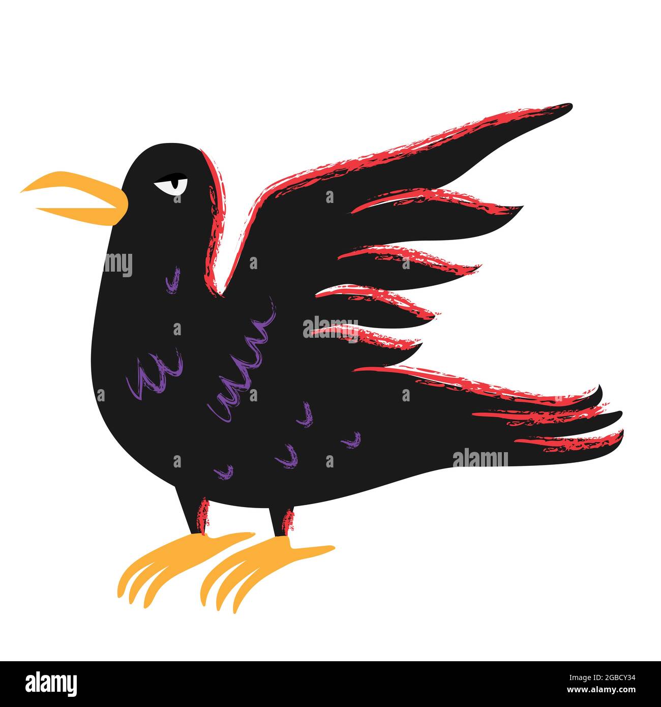 Black raven. The raven of the witch. Halloween crow black bird with open wings in cartoon flat style. Stock Vector