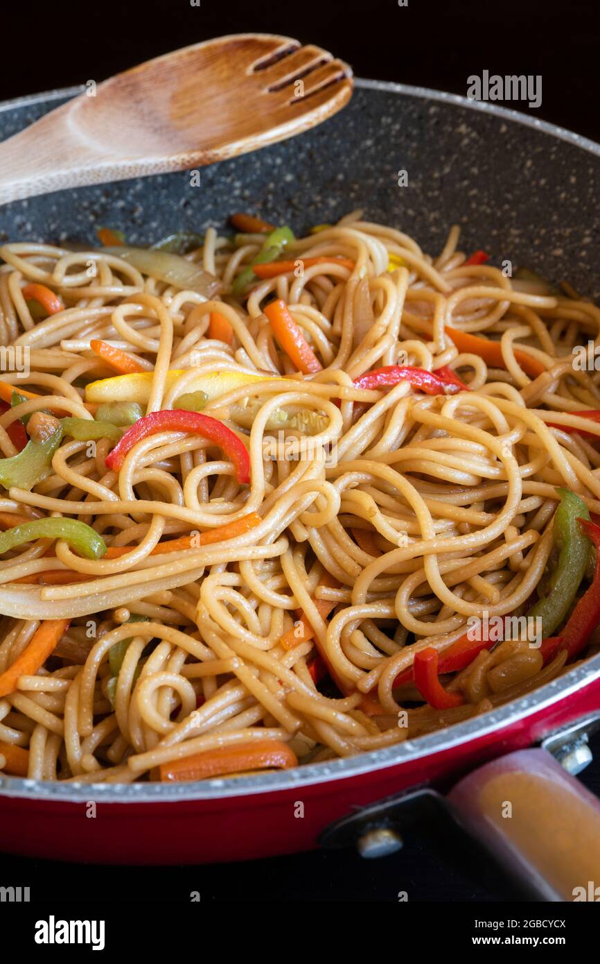 Spaghetti and vegetables wok with soy sauce Stock Photo Alamy