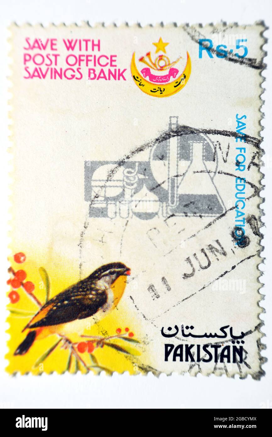 A postage stamp from Pakistan features Spotted Pardalote bird, Save for education stamp, with inscription save with post office savings bank, circa 19 Stock Photo