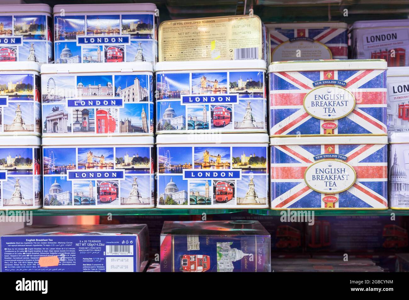 ENGLISH green Tea in tins for sale in tourist souvenir shop Piccadilly