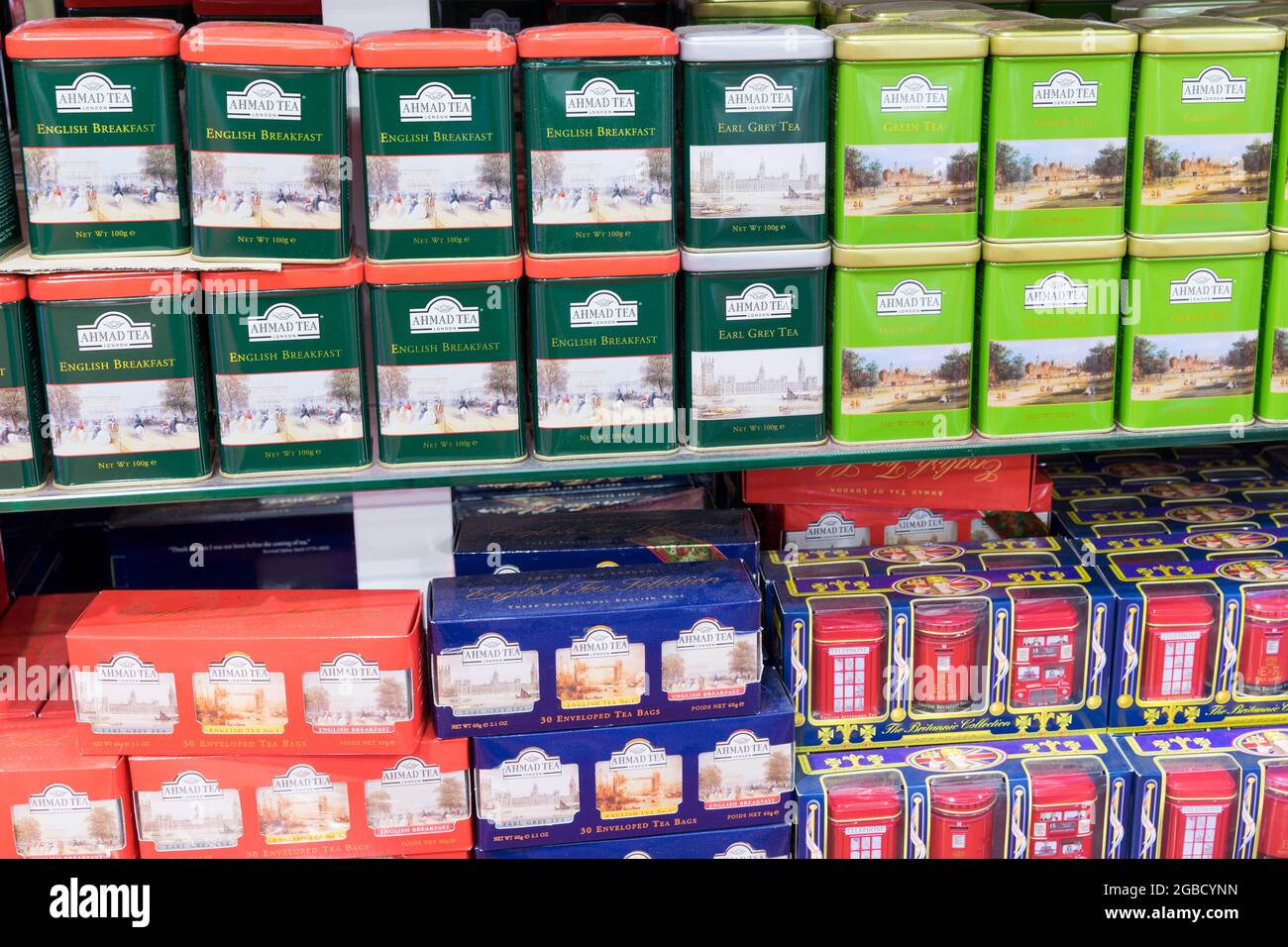 ENGLISH green Tea in tins for sale in tourist souvenir shop Piccadilly