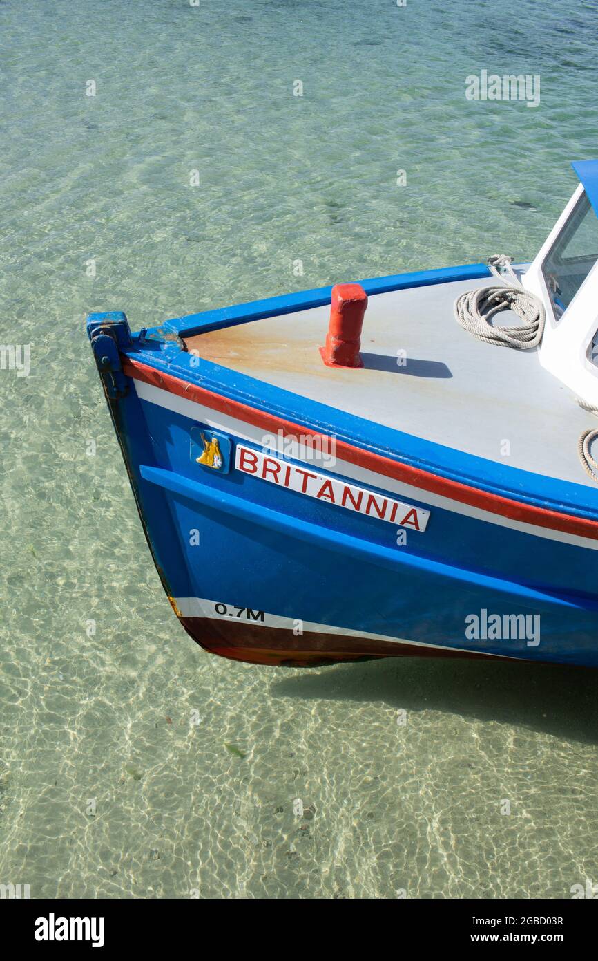 Britannia boat bow in clear water, Isles of Scilly, Cornwall, England UK. Stock Photo