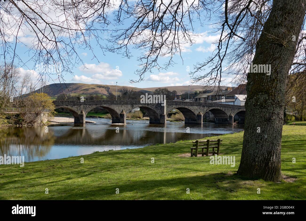 Builth Wells stone arched bridge over the river Wye, Powys, mid Wales