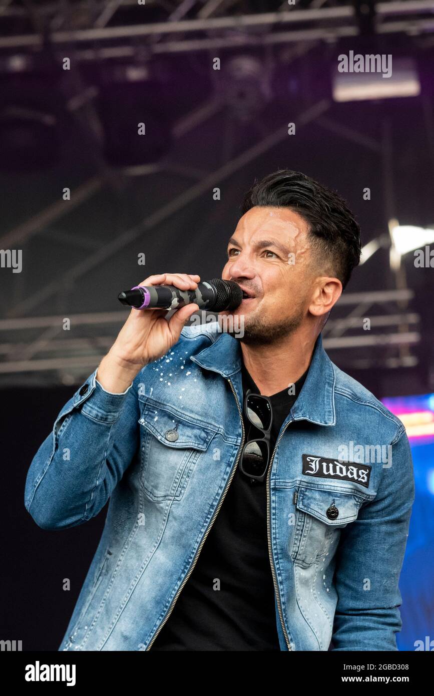 Peter Andre performing on stage at the Fantasia music festival concert in Maldon, Essex, UK soon after lifting of COVID restrictions Stock Photo