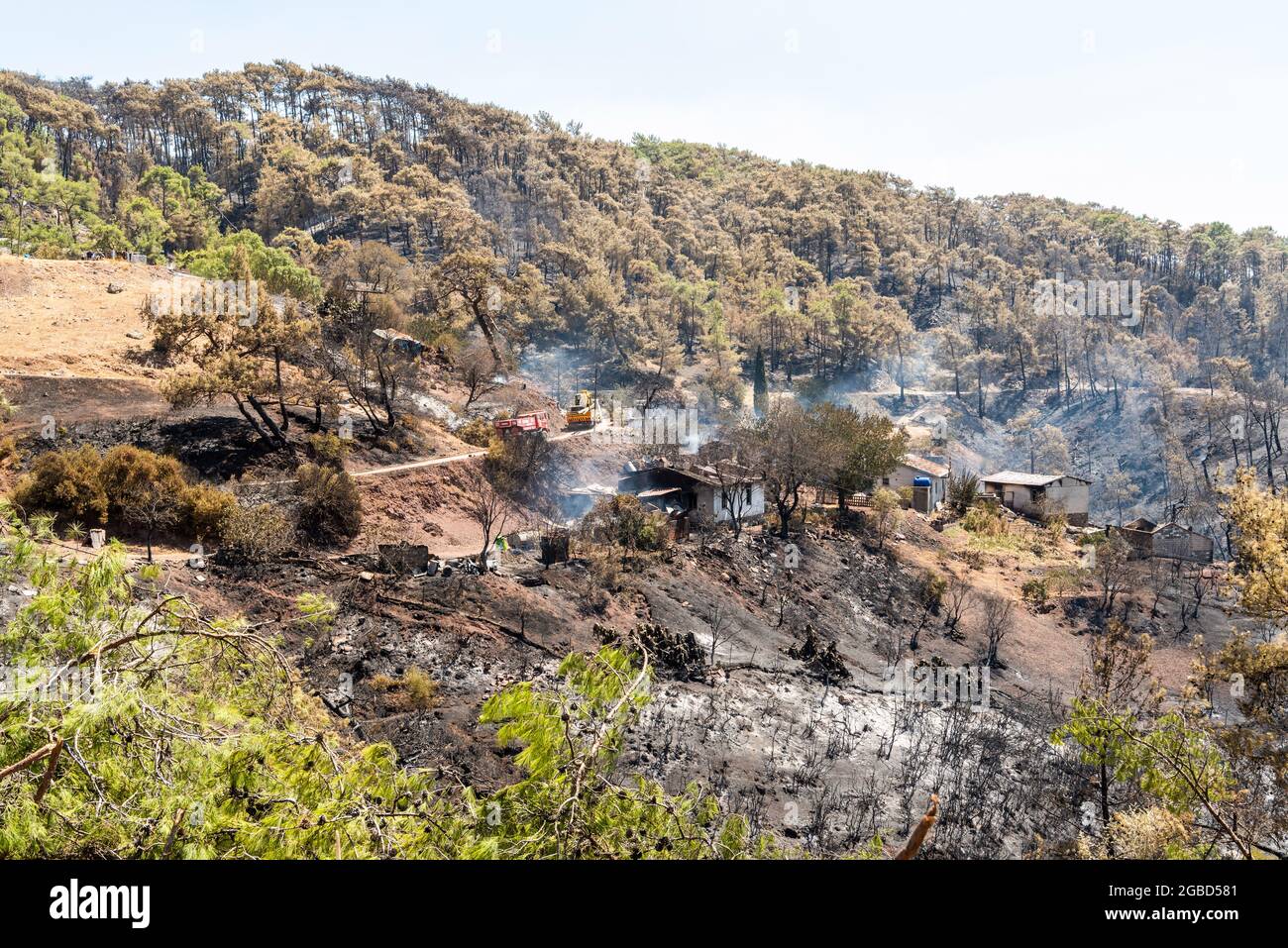 Marmaris, Mugla, Turkey – August 2, 2021. Houses burnt in devastating forest fires of July-August 2021 in Marmaris resort town of Turkey. Stock Photo