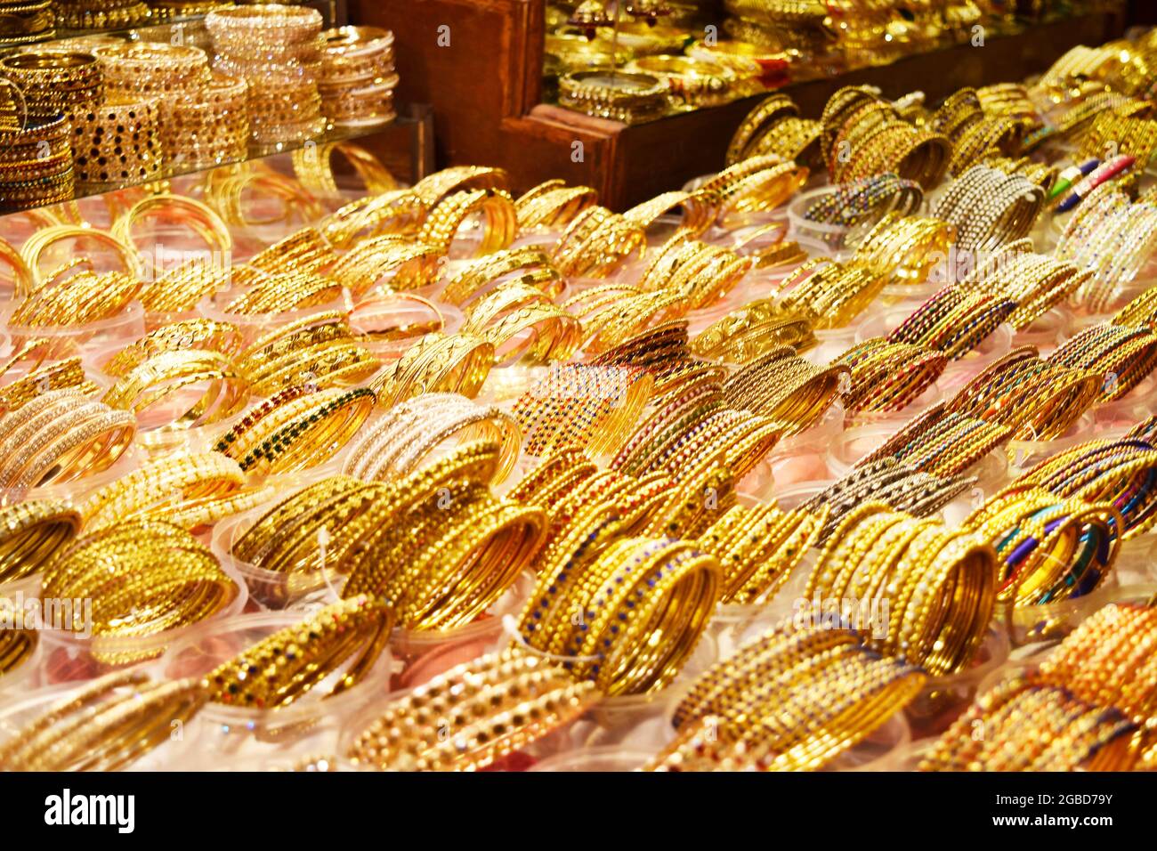 gold market, jewellery market in dubai, gold bangles shopping Stock Photo