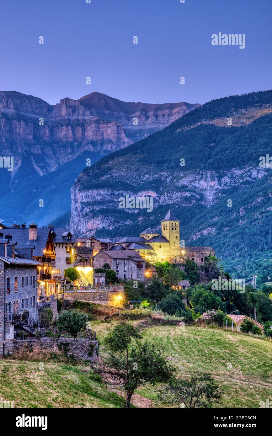 The beautiful old village of Torla in the spanisch Pyrenees at night Stock Photo