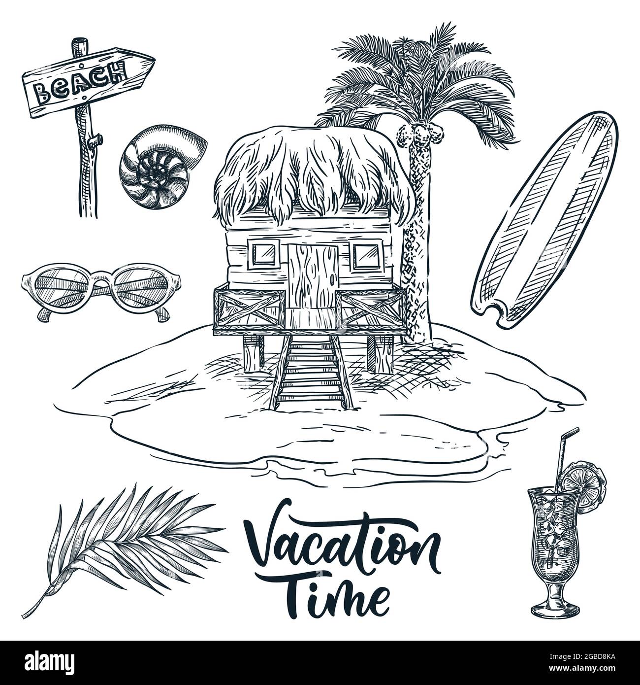 Wooden bungalow under palm tree on tropical island, vector hand drawn sketch landscape illustration. Summer vacation design elements. Surfboard, palm Stock Vector