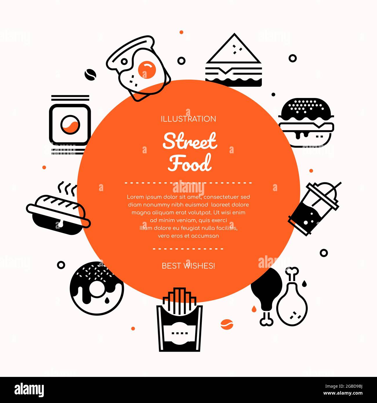 Street food - vector line design style poster with copy space for text. High quality, tasty, memorable images for cafe, restaurant, shop. Egg sandwich Stock Vector
