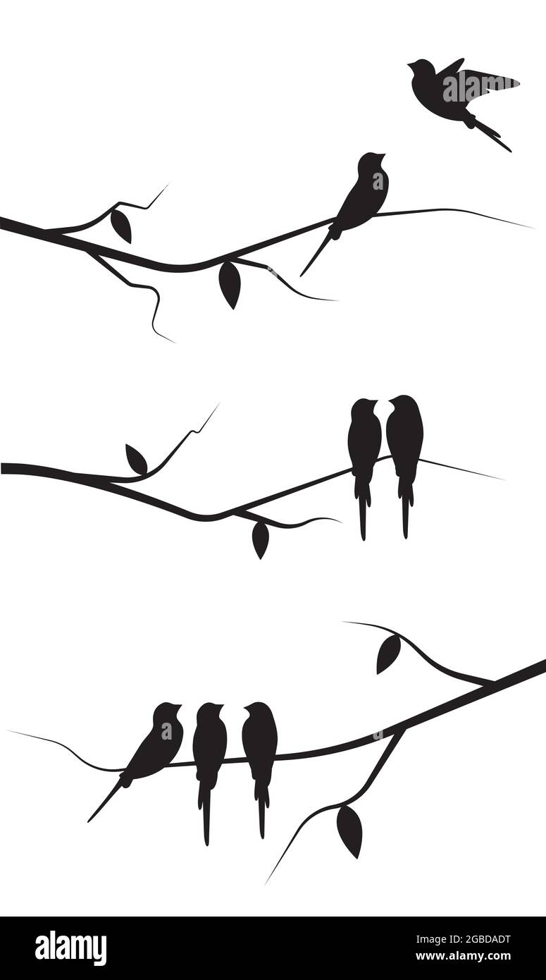 Flying bird silhouette and birds on a tree illustration, vector. Scandinavian minimalist poster design. Modern wall art design, artwork. Beautiful pai Stock Vector