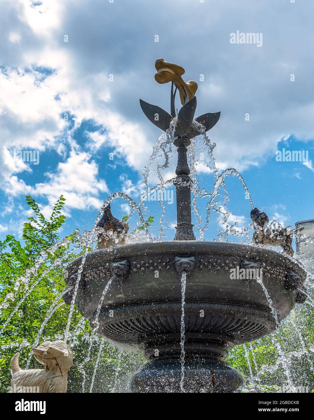 Dog Fountain in Berczy Park in Toronto, Canada. The famous place is a