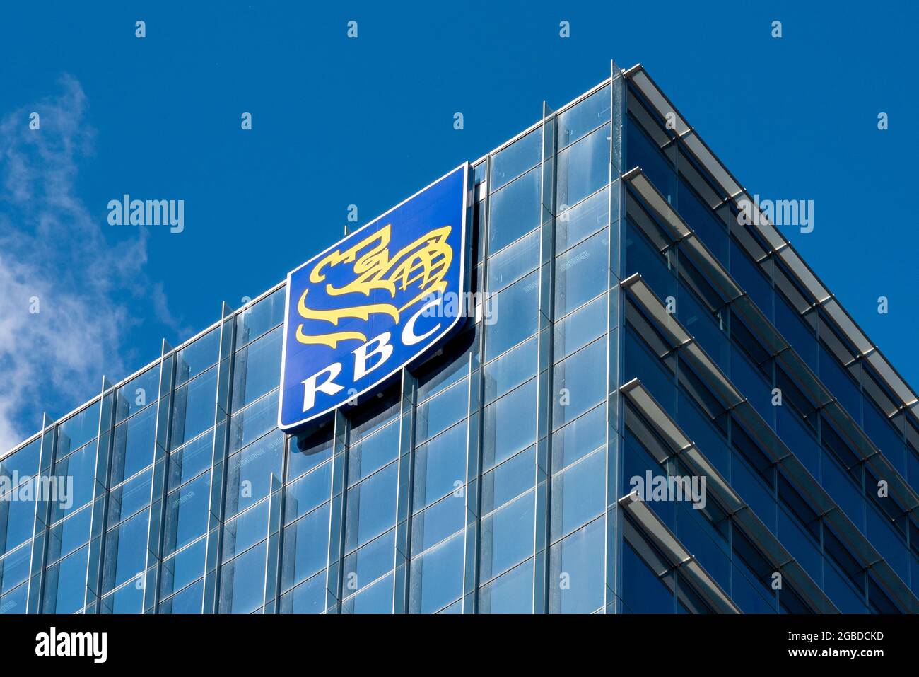 Business logo or sign of the Royal Bank of Canada (RBC) in a skyscraper by the city waterfront in Toronto, Canada Stock Photo