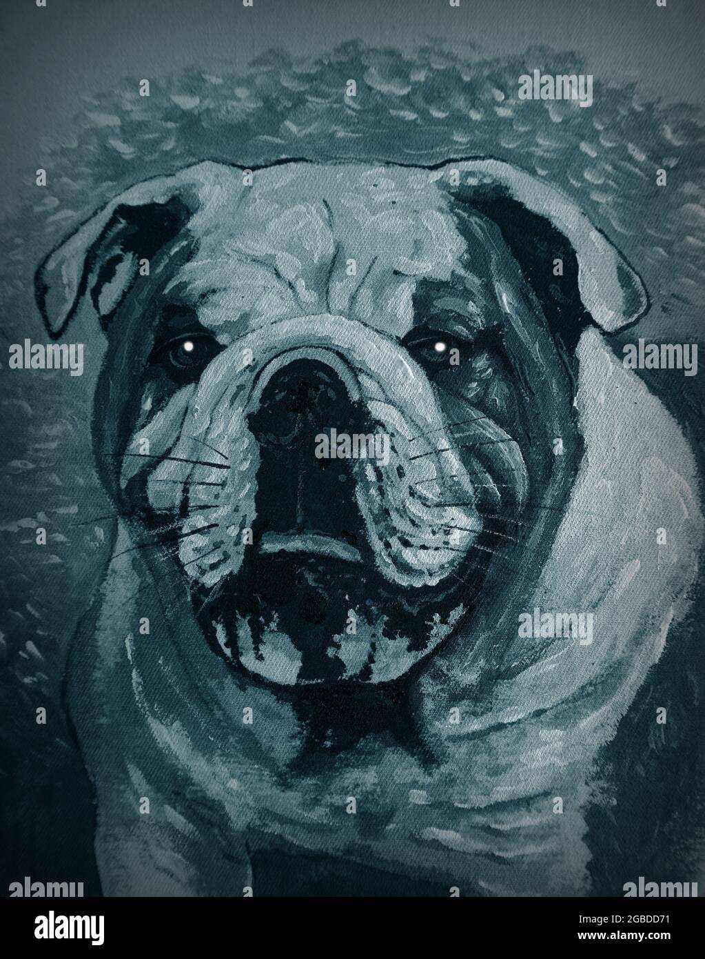Hand drawn,Art ,painting ,Oil color, cute  bulldog in dark blue , black and white , monochrome Stock Photo