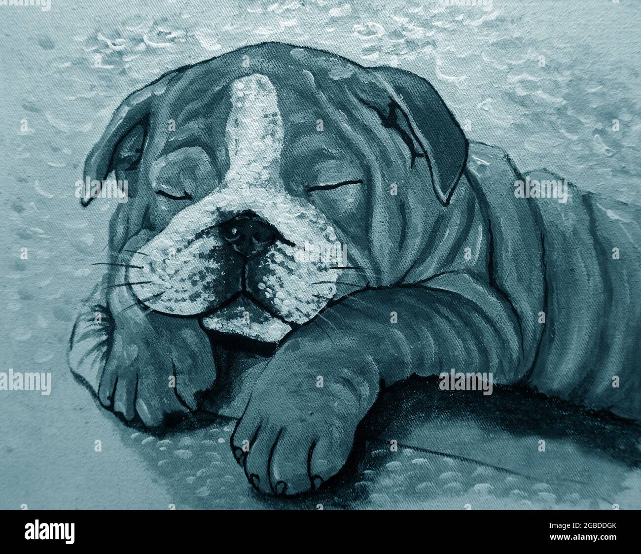 Hand drawn,Art ,painting ,Oil color, cute  bulldog in dark blue  , black and white , monochrome Stock Photo