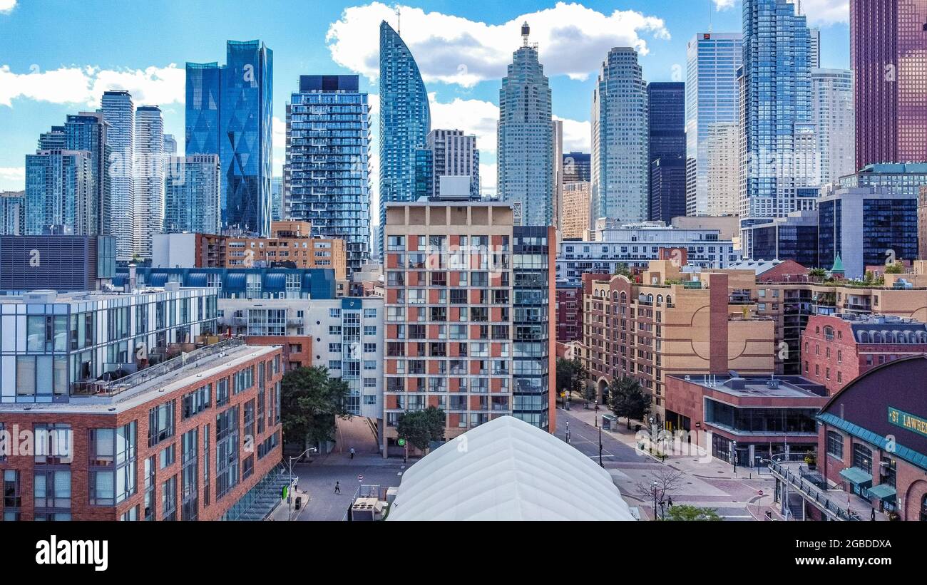 Urban skyline of the downtown and financial district. Drone point of view famous place in Toronto, Canada Stock Photo