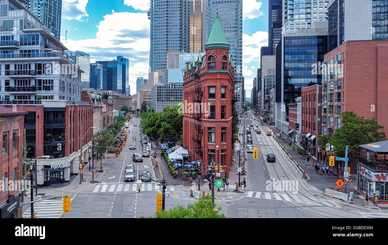Flatiron or Gooderham building in the old town. Drone point of view
