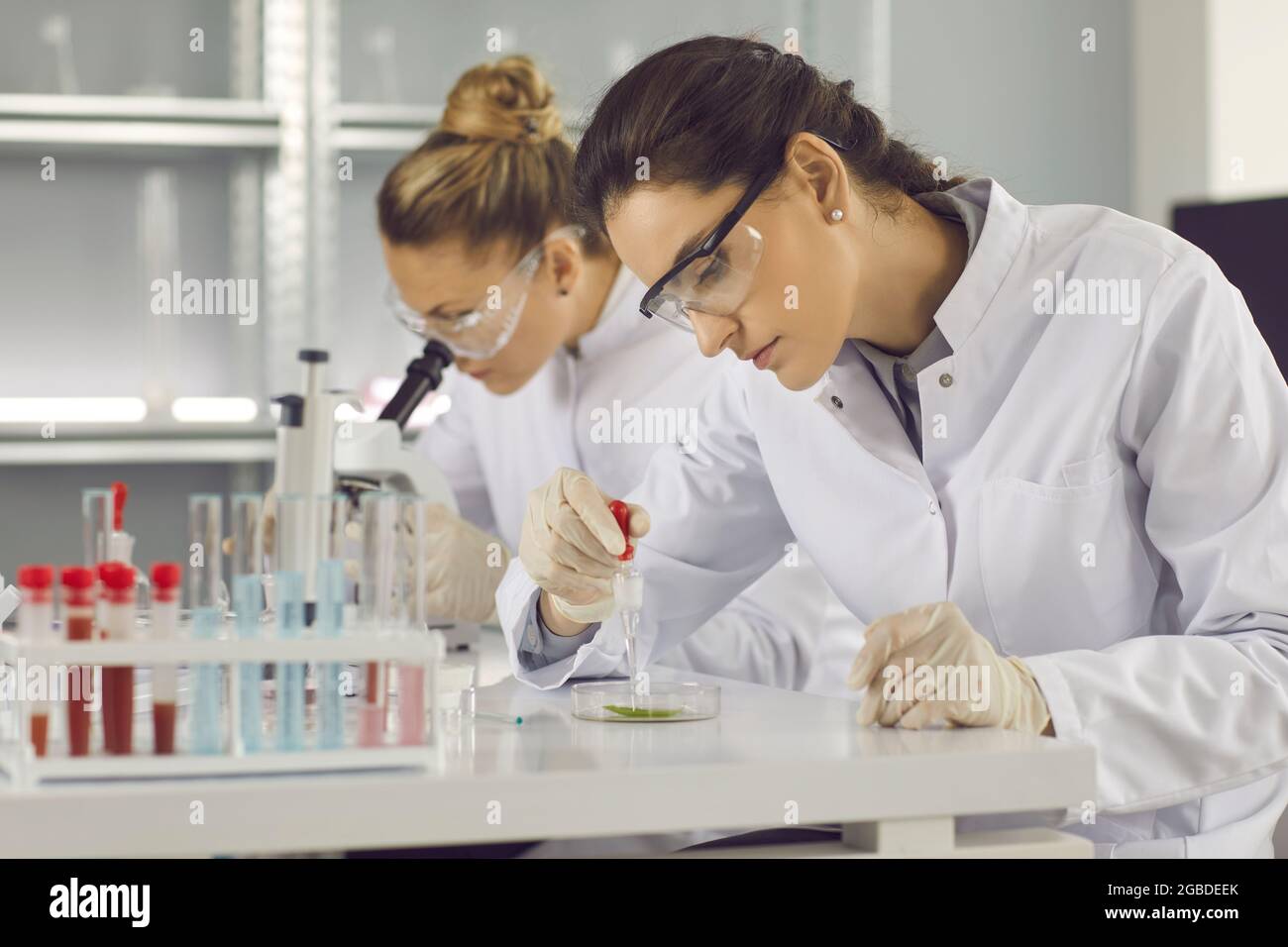 Young female chemist conducting experiment with food in modern laboratory Stock Photo