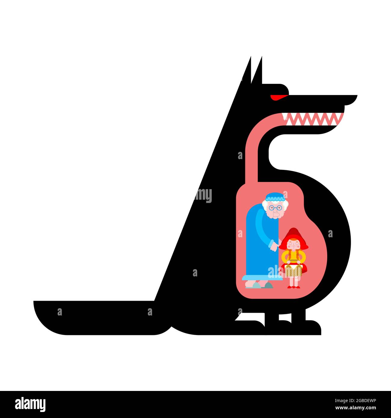 Wolf ate little red riding hood. Little red riding hood inside the
