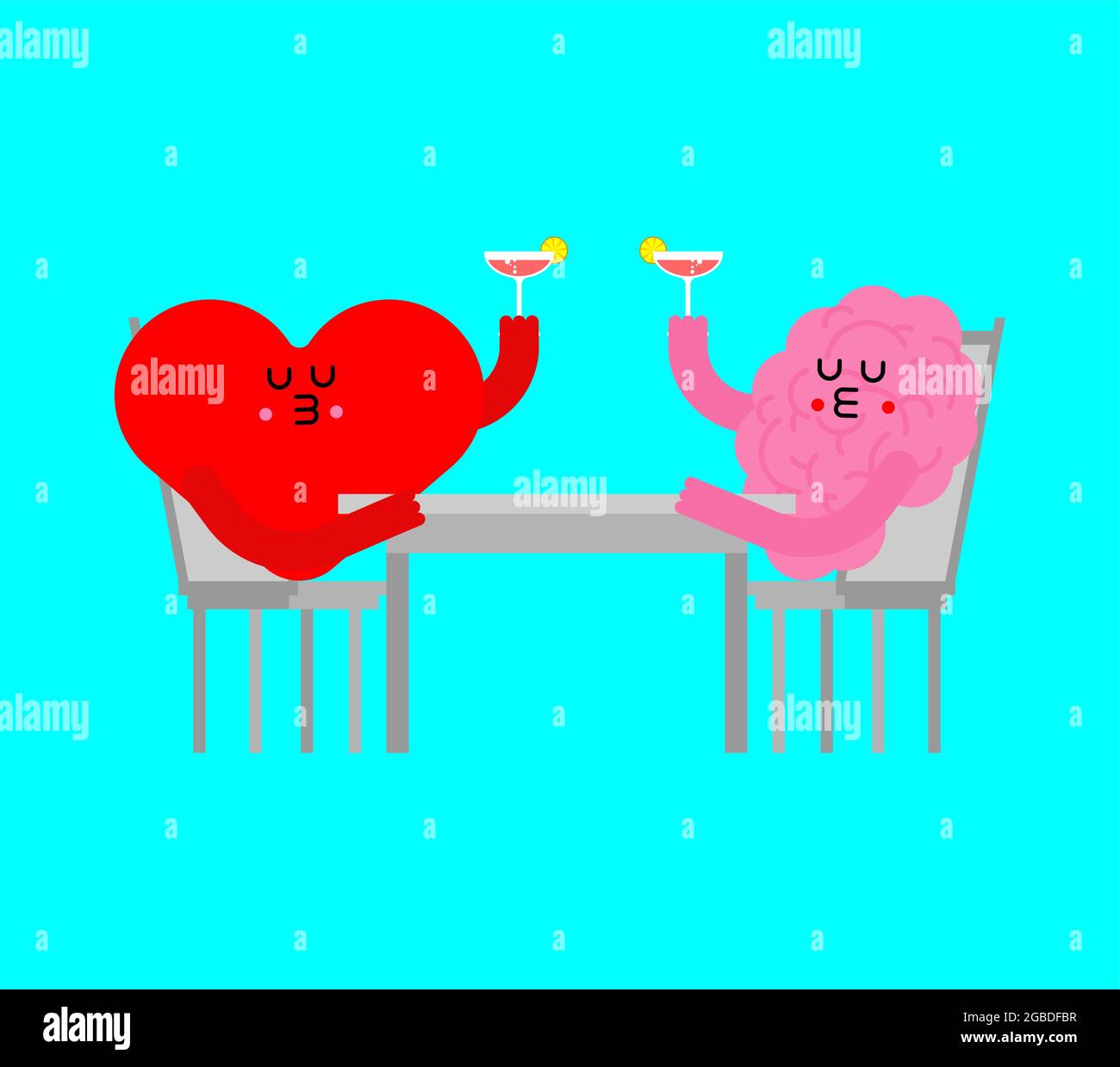 Heart and brain Sitting in restaurant. Romantic relationship. Love illustration 2 Stock Vector