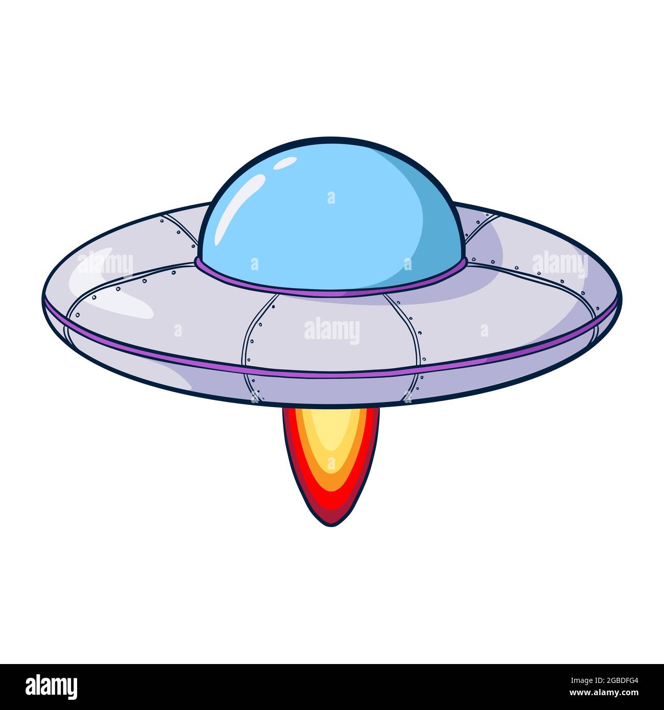 Flying Saucer Cartoon Illustration. Hand drawn spacecraft icon for logo, emblem, Web design, nursery decor, Print, Sticker, Card Stock Vector