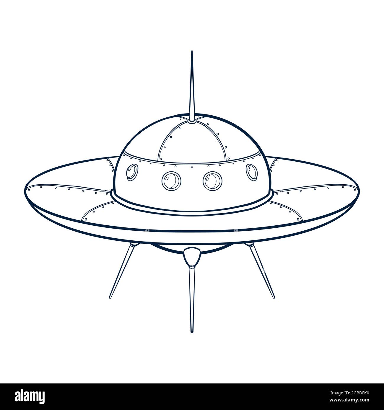 Spaceship Illustration. Line Art cartoon spacecraft icon. UFO sketch template for logo, emblem, Web design, Print, Sticker, Card Stock Vector