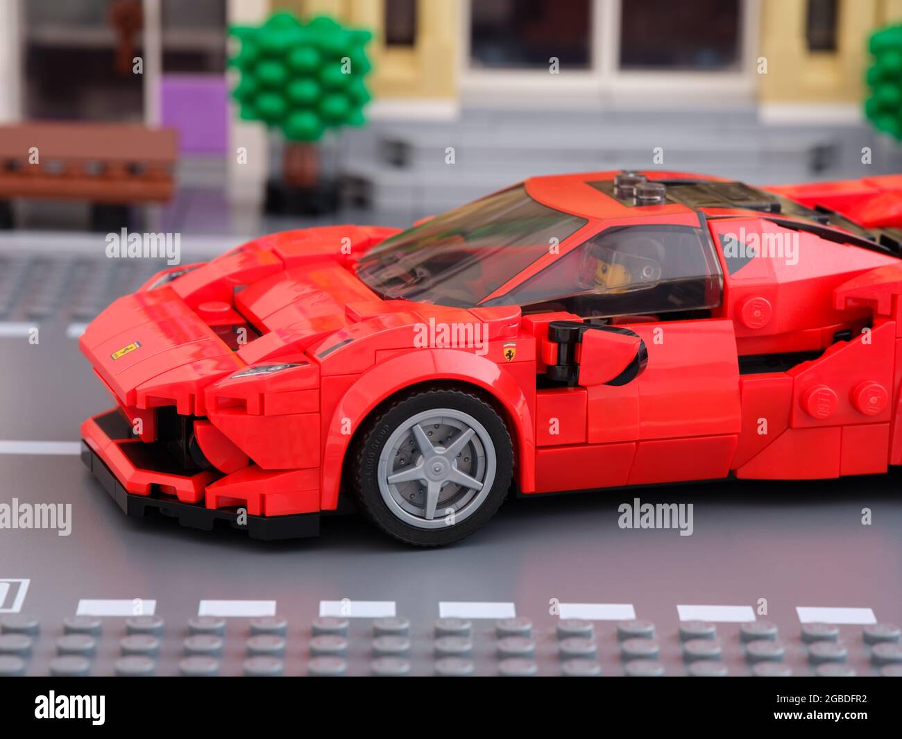 Tambov, Russian Federation - July 02, 2021 Lego Ferrari F8 Tributo car by LEGO Speed Champions on Lego city street Stock Photo