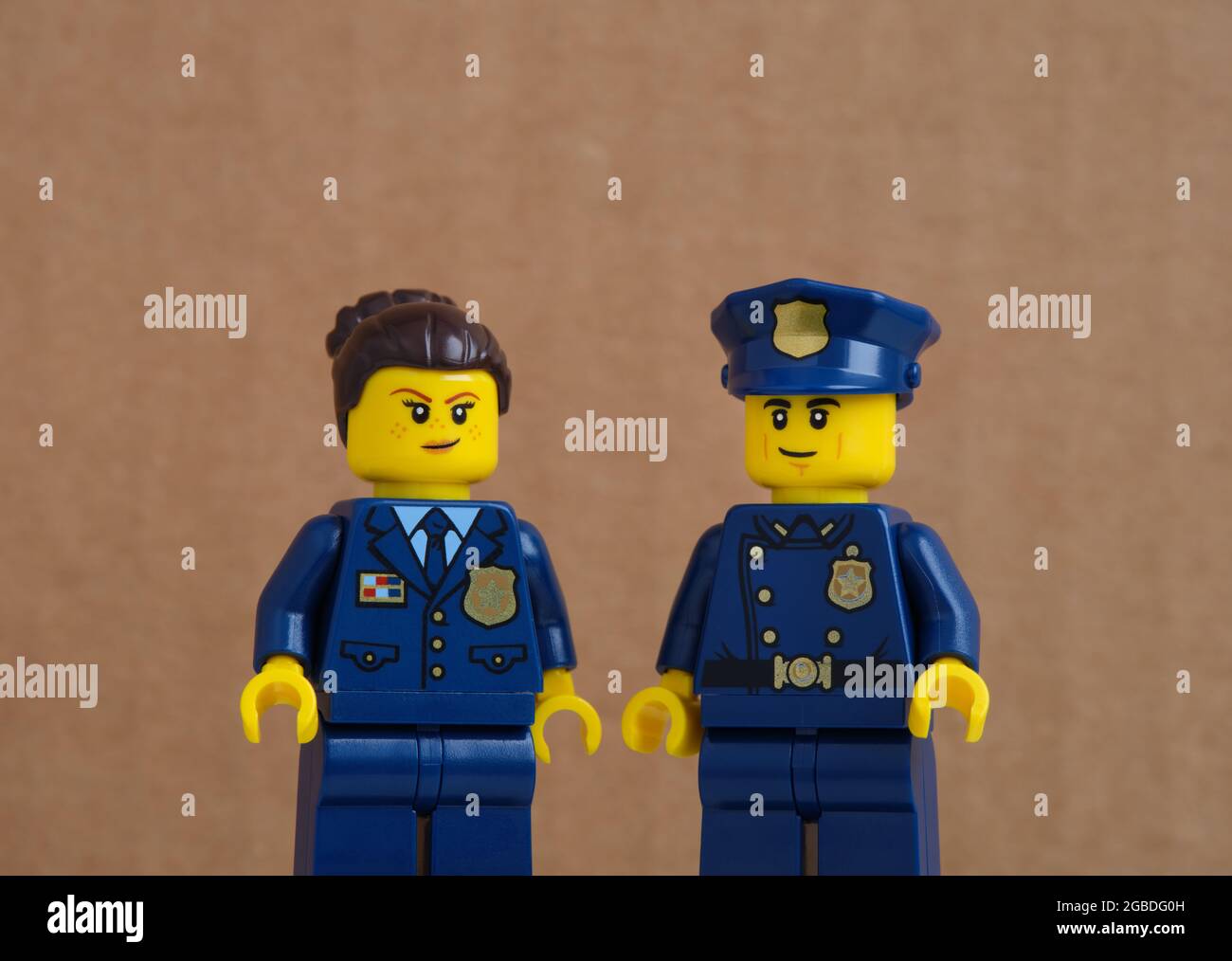 Tambov, Russian Federation - July 05, 2021 Two Lego police officers against  brown background Stock Photo - Alamy