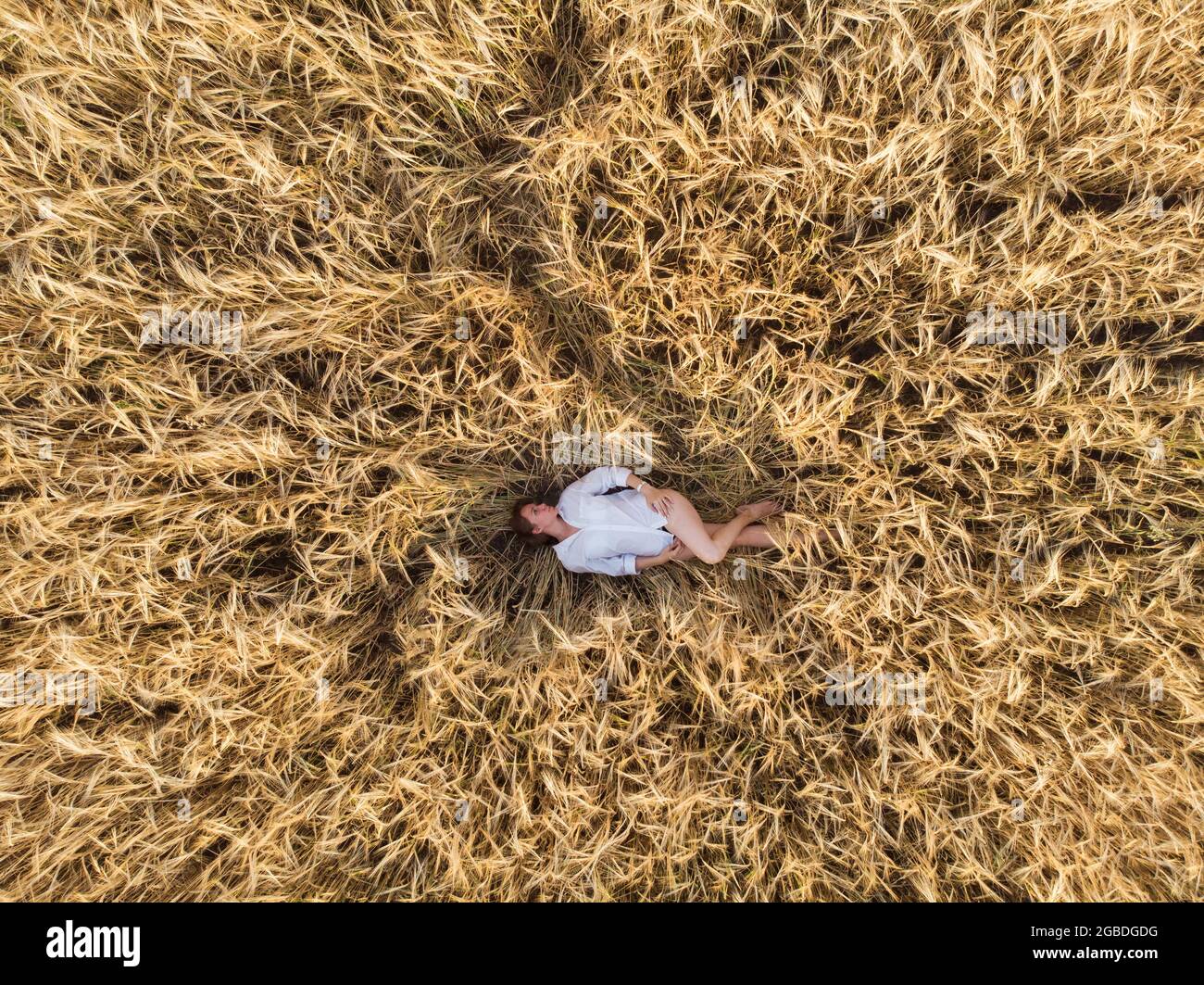 Aerial view of woman lying in the yellow field of wheat Stock Photo - Alamy