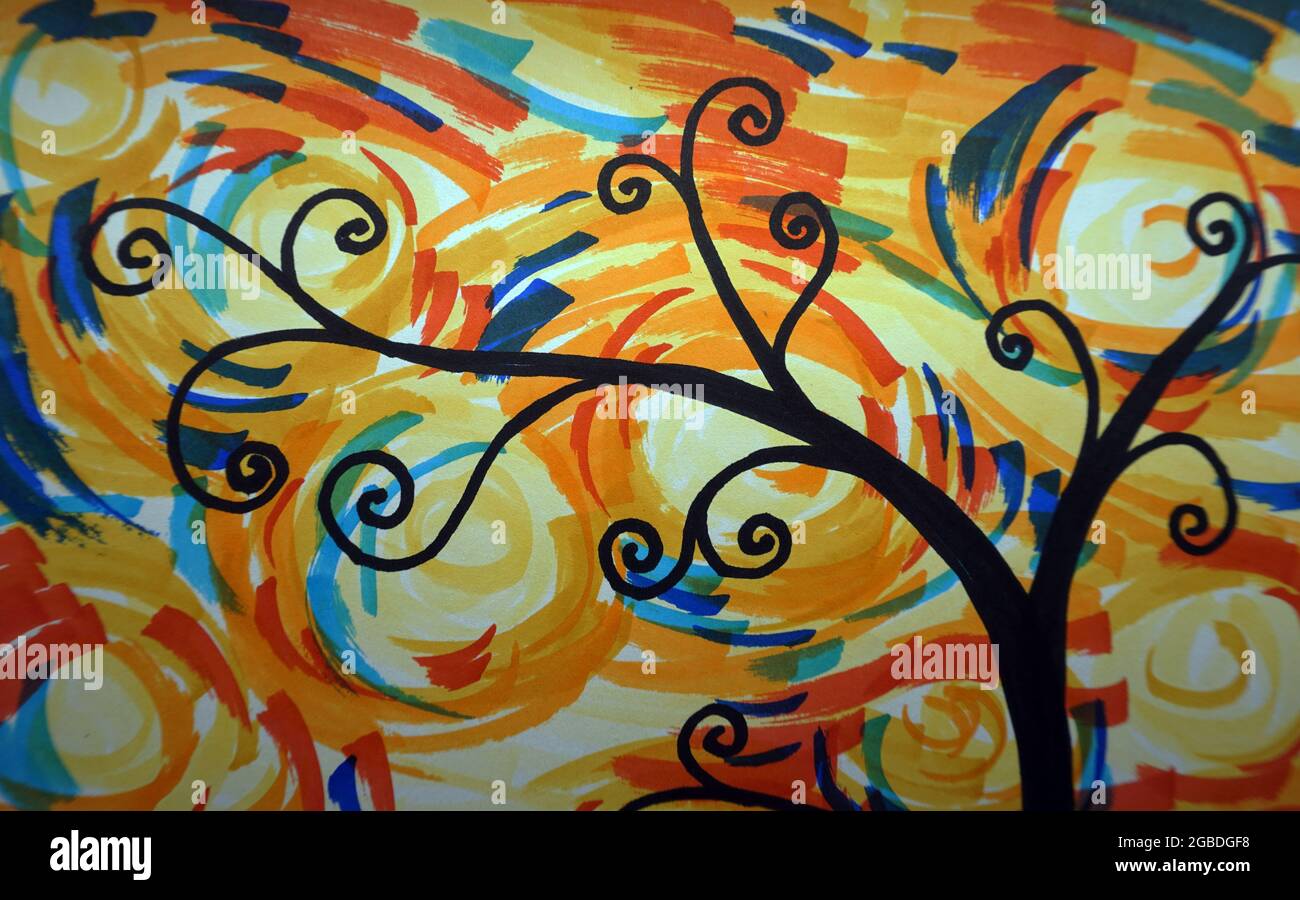 Drawing Abstract copic markers color imaginary branches of trees , markers  sketch ,  markers stroke Stock Photo