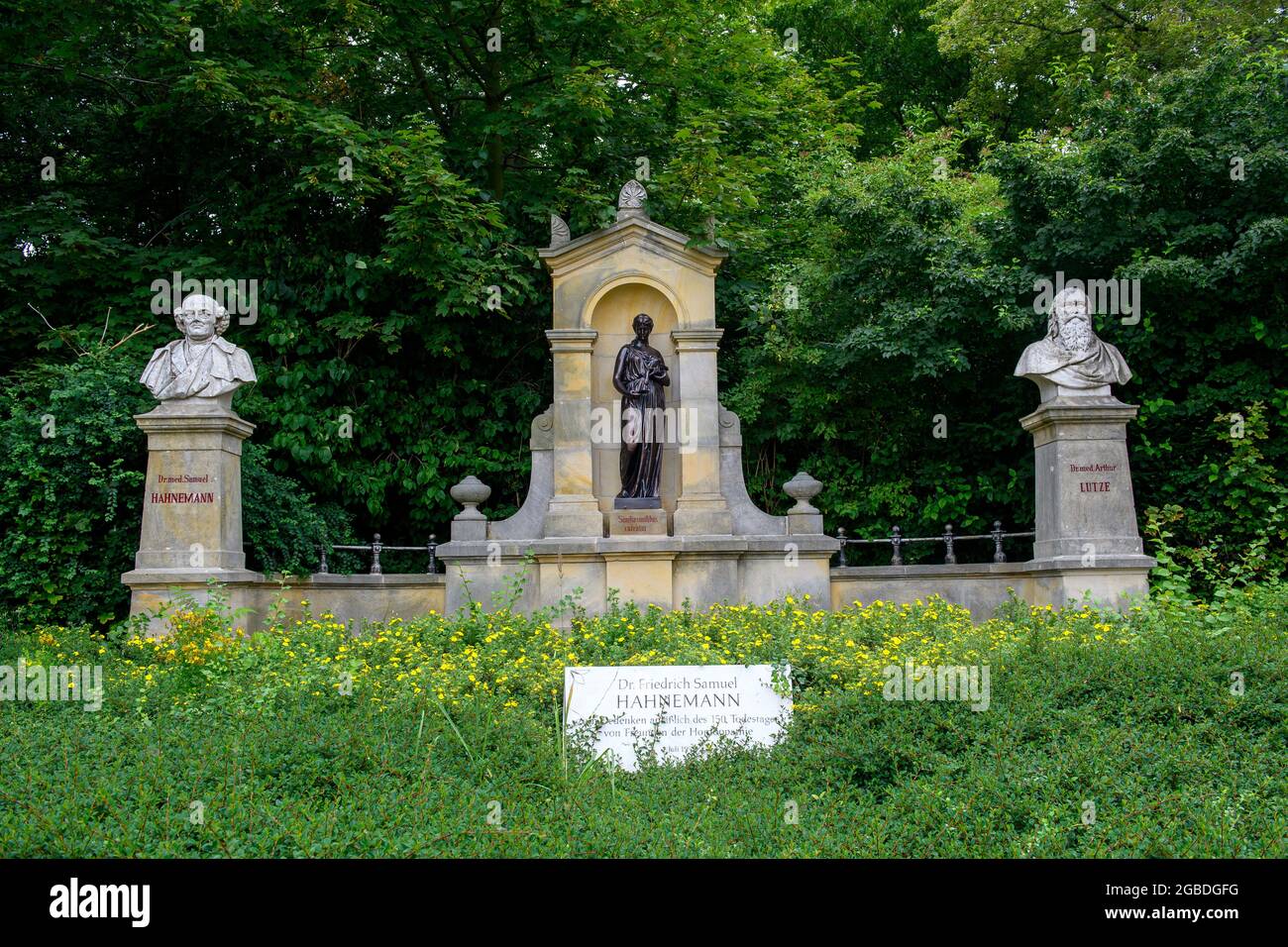 28 July 2021, Saxony-Anhalt, Köthen (Anhalt): The Hahnemann-Lutze monument. The memorial was created by the sculptor Heinrich Pohlmann and was inaugurated on 15.12.1897. Photo: Klaus-Dietmar Gabbert/dpa-Zentralbild/ZB Stock Photo