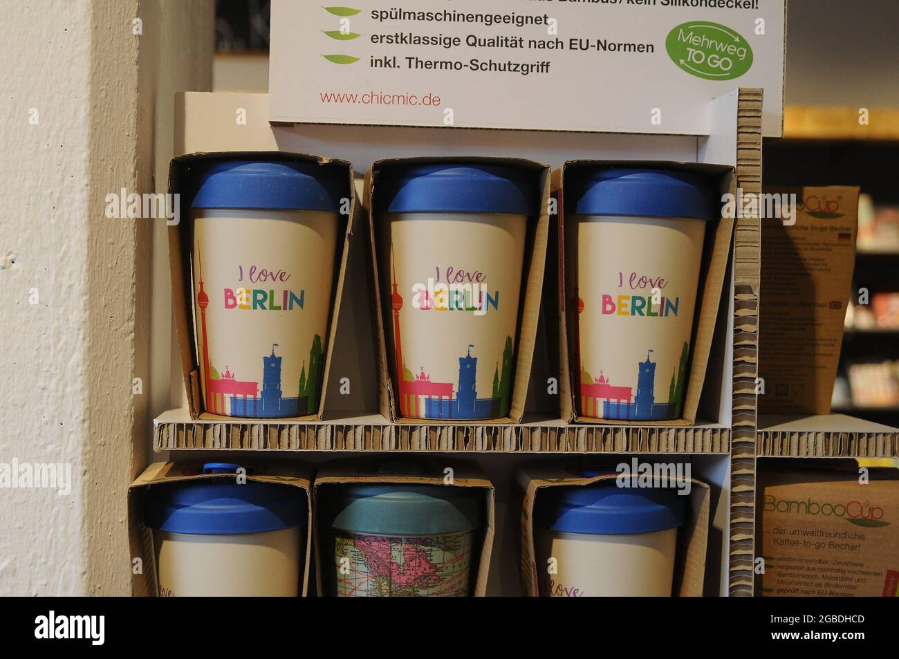 Berlin / Germany / 05 March 2019/Bamboo cup i love Berlin and Berlin  souvenior bags on sale at Souvenir shop in German cmpital . (Photo..Francis  Joseph Dean/Dean Pictures Stock Photo - Alamy