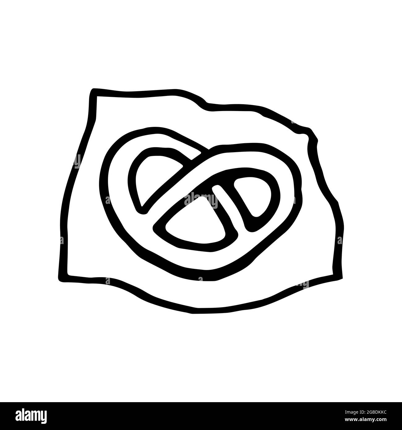 Hand drawn pretzel on a paper napkin. Snack symbol in doodle style. Vector illustration isolated on white background. Stock Vector