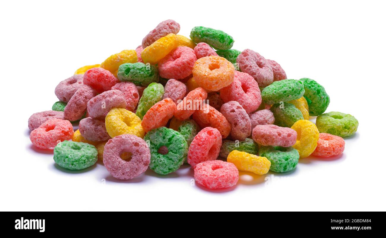 Pile of Fruit Ring Cereal Cut Out on White Stock Photo - Alamy