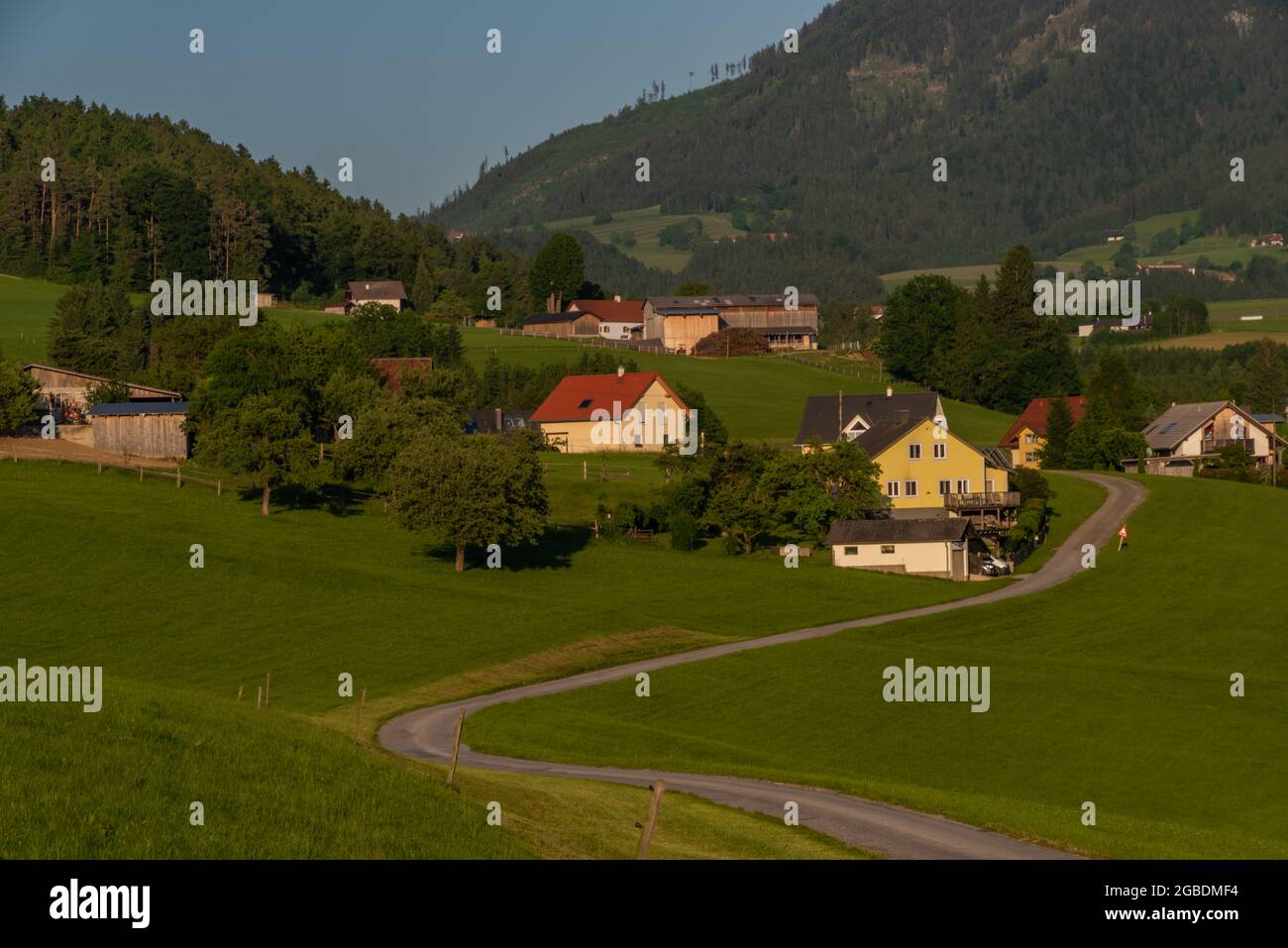 Semriach color village with Schockl hill over in sunset sunny evening Stock Photo
