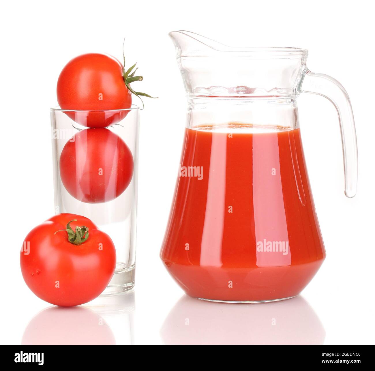 Tomato juice in pitcher isolated on white Stock Photo Alamy