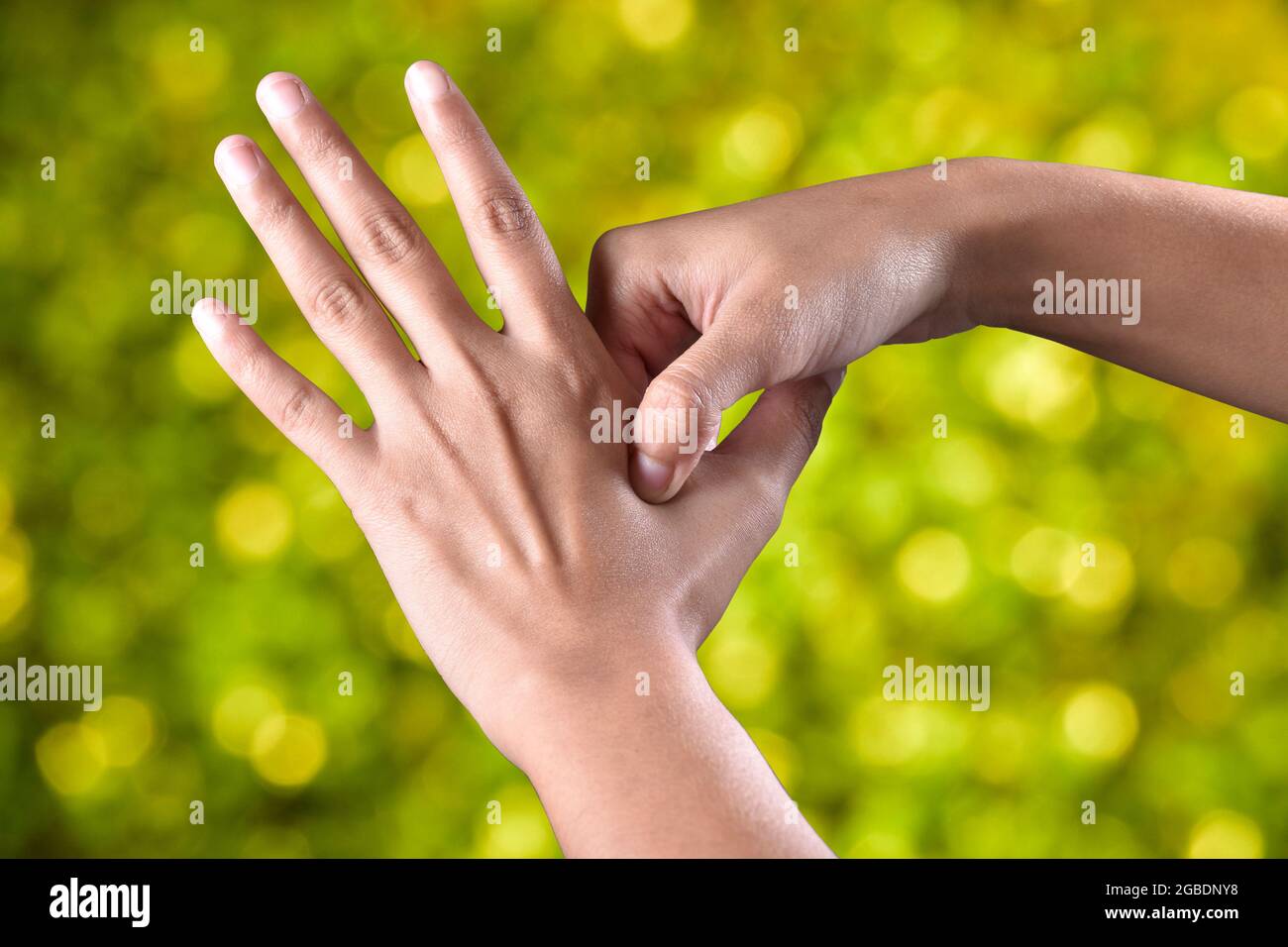 acupressure, self medication concept, anxiety treatment Stock Photo